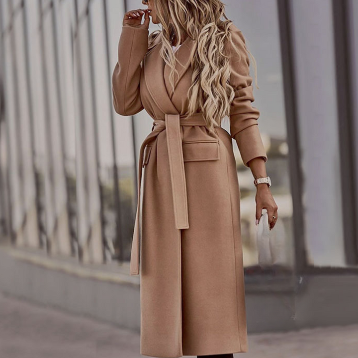 Women's longline belted maxi jacket, a versatile trench-style coat for formal or casual spring & fall wear.