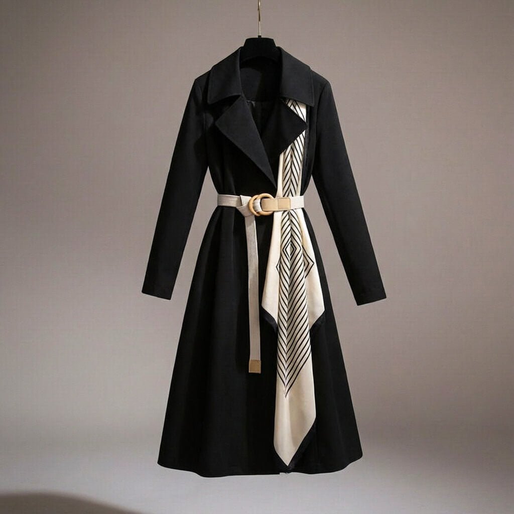 Women's belted trench coat with elegant scarf detail, lightweight & versatile for casual to formal wear.