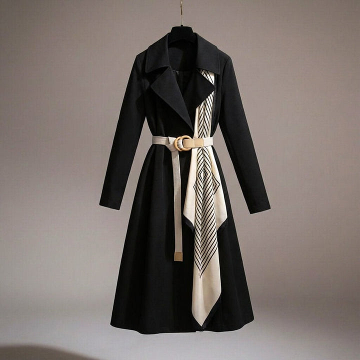 Women's belted trench coat with elegant scarf detail, lightweight & versatile for casual to formal wear.