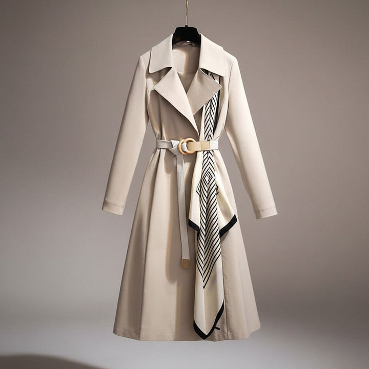 Close-up of a women's lightweight trench coat, showcasing the chic scarf detail and adjustable belt.