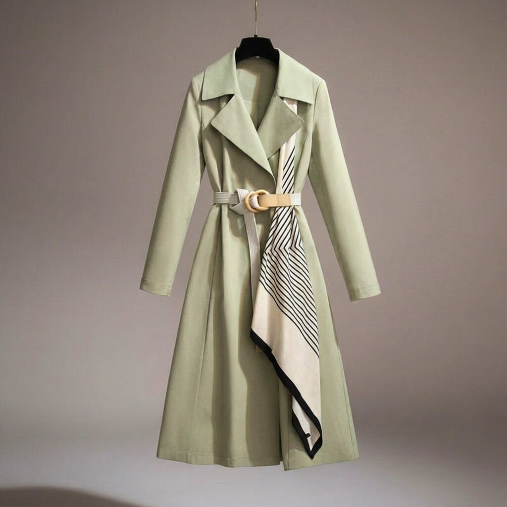 Model wearing a women's lightweight belted trench coat casually, perfect for spring or fall everyday wear.