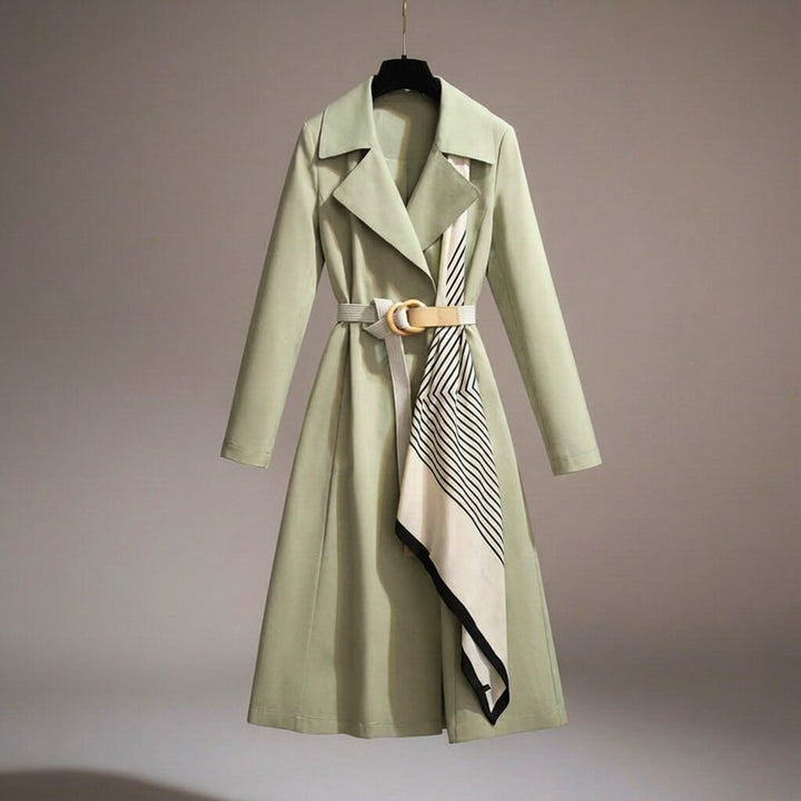 Model wearing a women's lightweight belted trench coat casually, perfect for spring or fall everyday wear.