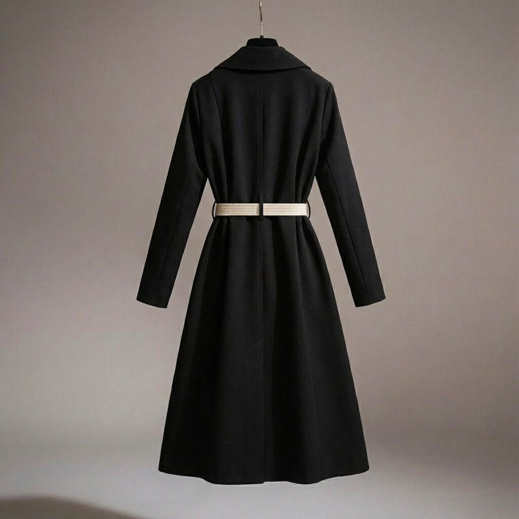 Elegant women's belted trench coat with scarf, ideal for office wear or formal occasions, chic & professional.