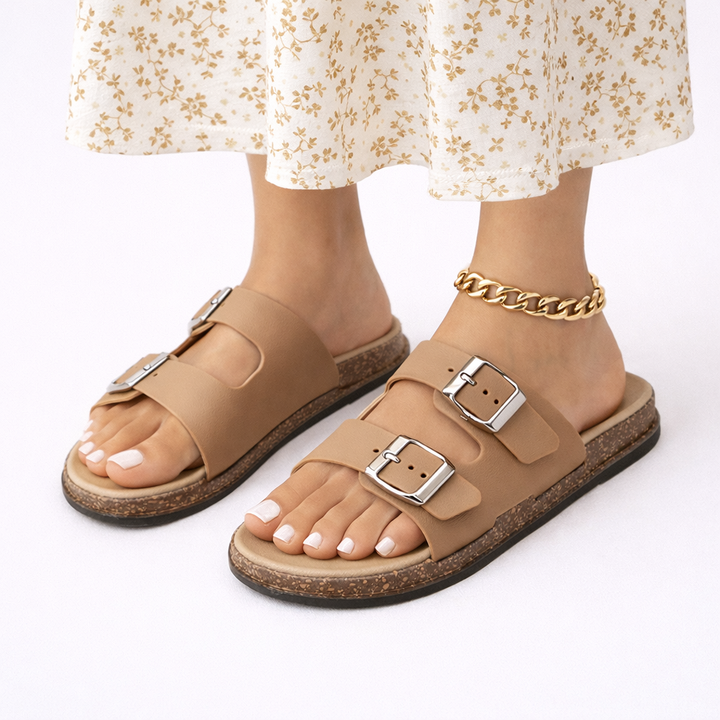 Women's black adjustable double strap walking sandals with contoured footbed for comfort and support.