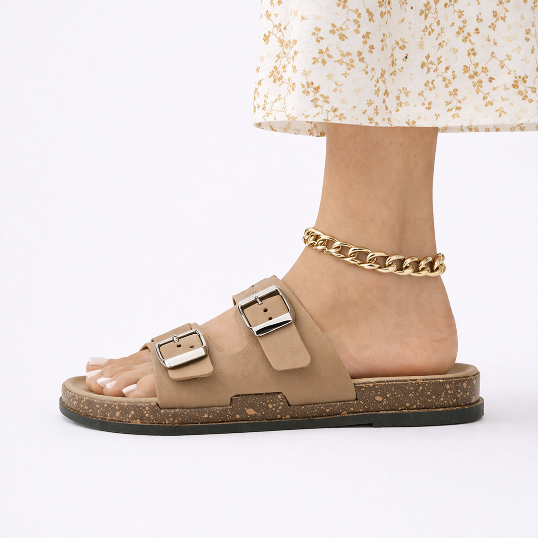 Casual women's walking sandals featuring two adjustable buckle straps for a secure, custom fit and support.