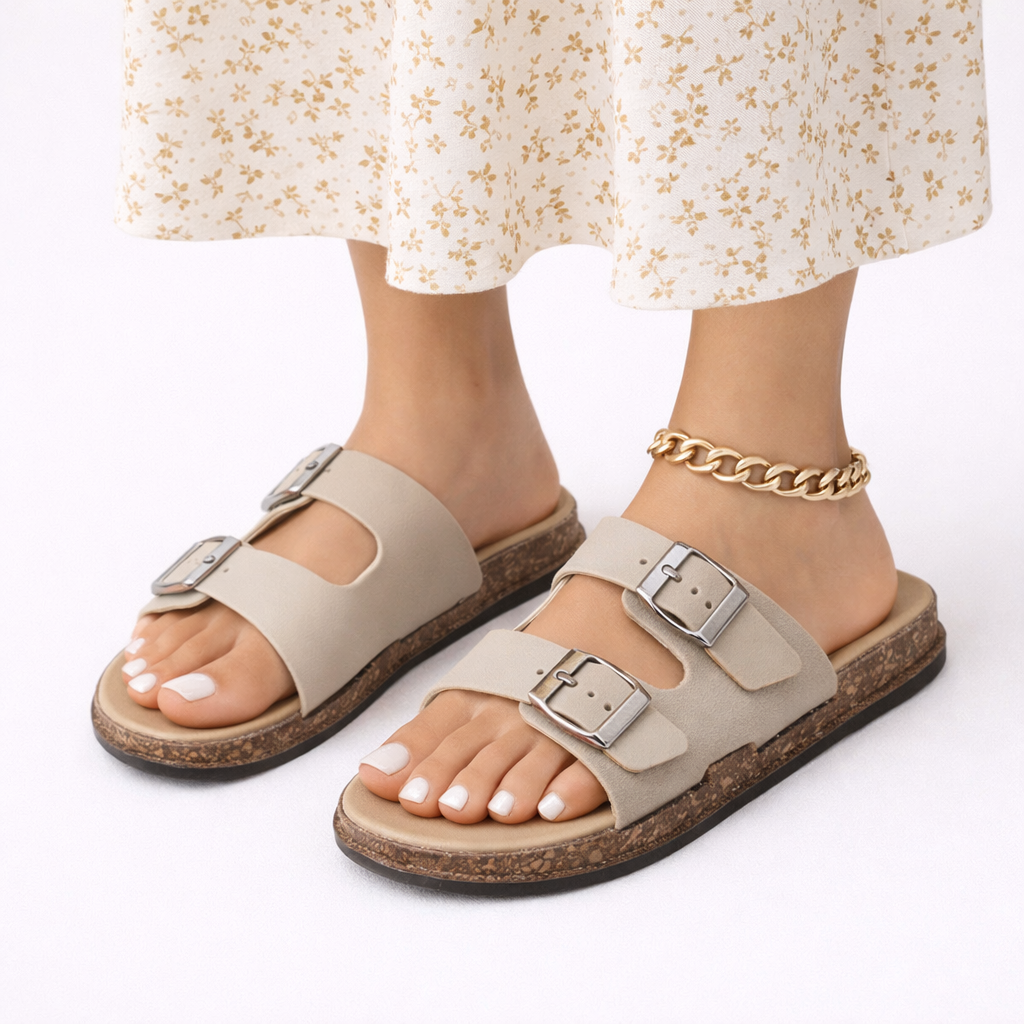 Stylish women's double strap walking sandals with durable upper and cushioned sole, ideal for warm weather comfort.