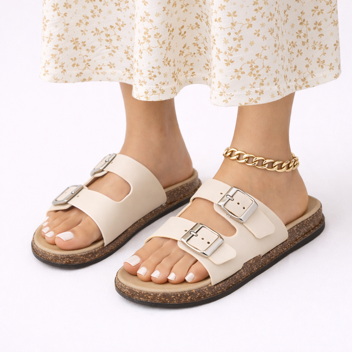 Taupe women's supportive walking sandals with adjustable double straps, offering all-day comfort for summer casual wear.