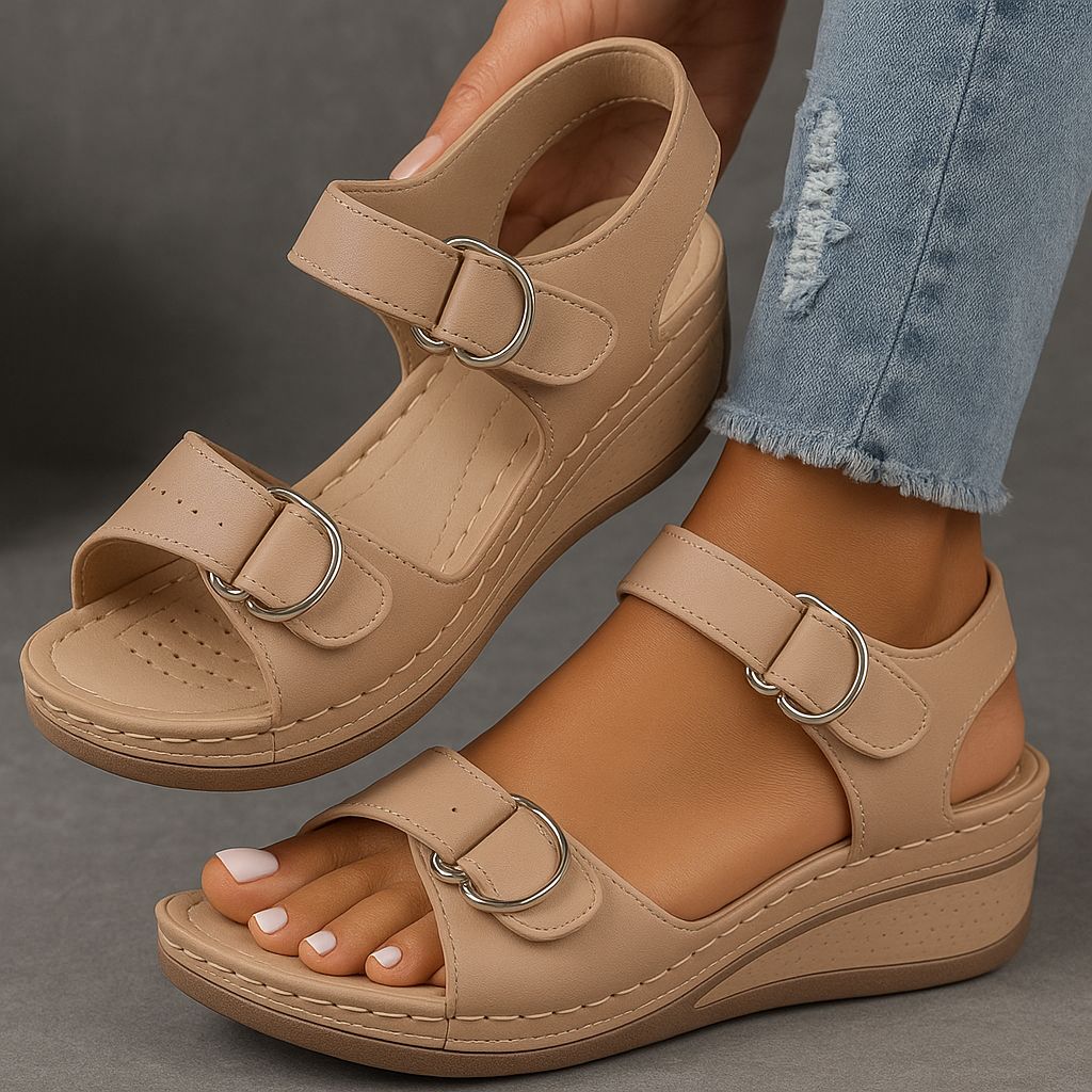 Women's walking sandals: comfortable adjustable hook-loop wedge with contoured footbed for summer everyday wear.