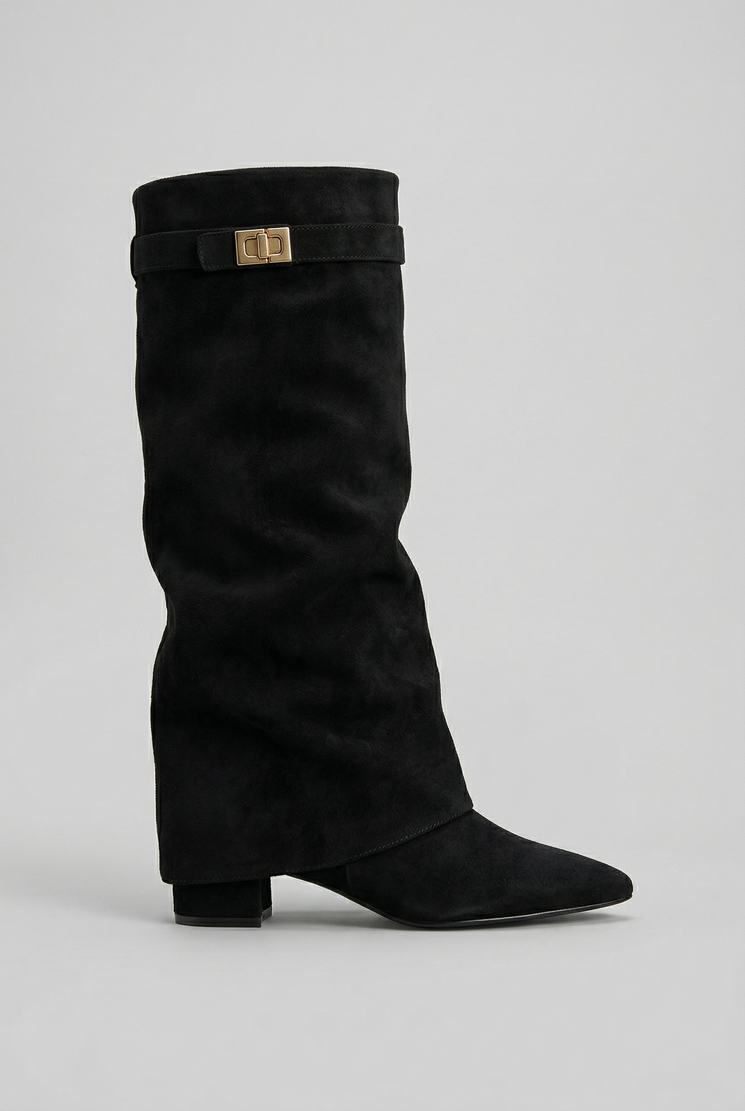 Women's black block heel knee high boots with side zip for elegant everyday autumn & winter style.