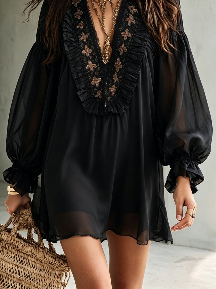 Flowy black boho mini dress for women, designed with a V-neck, voluminous balloon sleeves, and a chic ruffle hem.