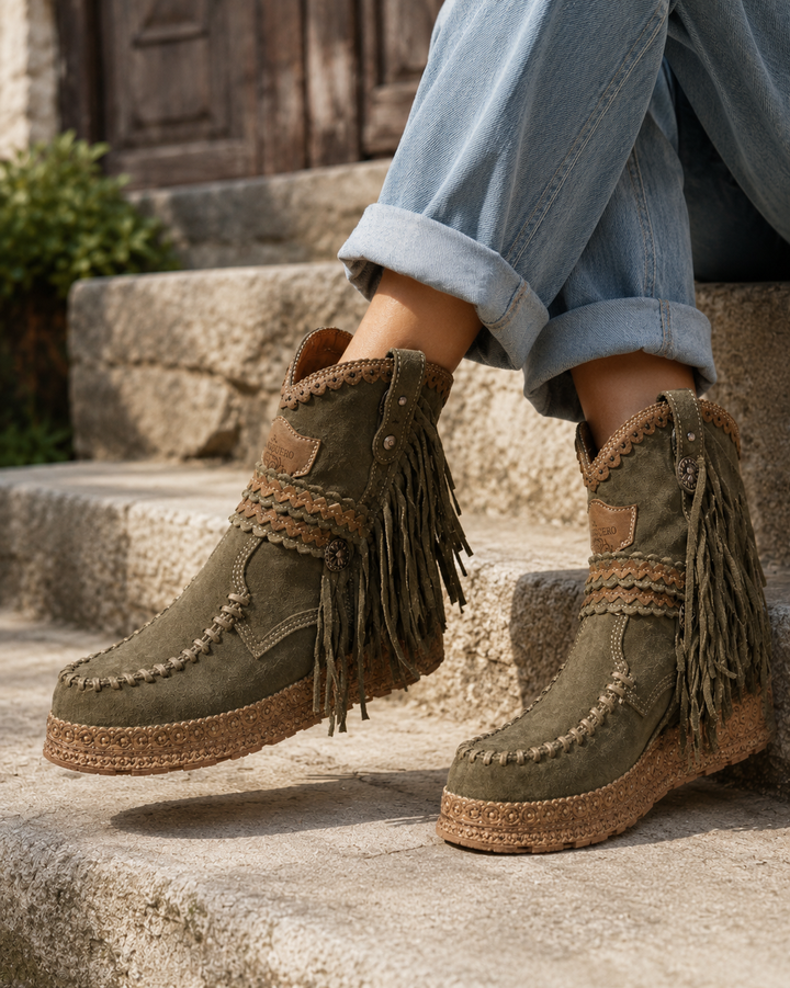 Women's black boho western fringe ankle boots, slip-on style with comfortable flat heel for casual wear.