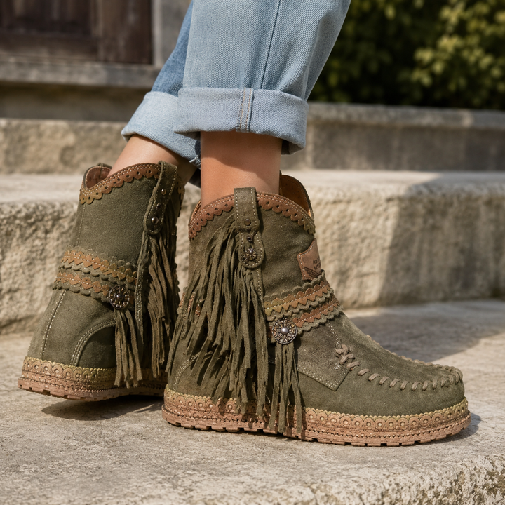 Tan suede-look women's boho western fringe ankle boots, comfortable and easy slip-on for everyday style.