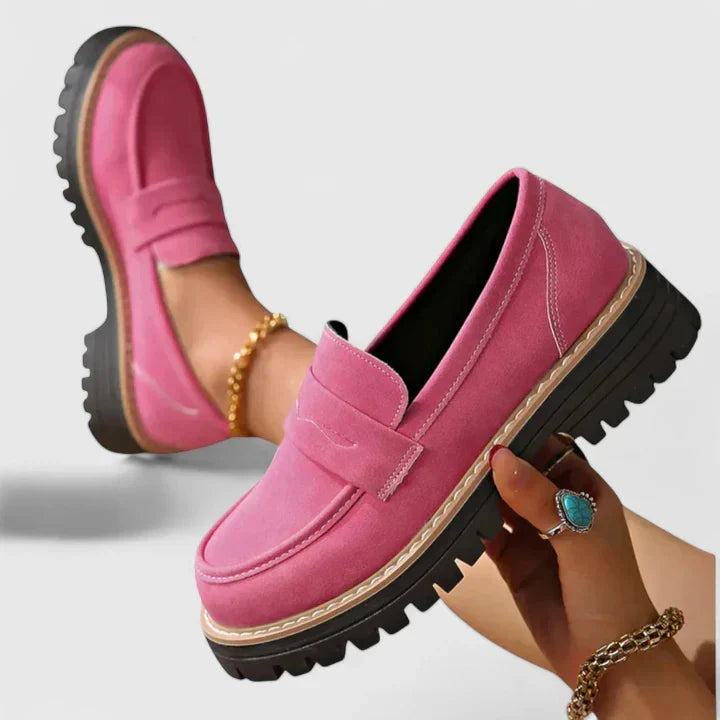 Chic women's platform chunky lug-sole penny loafers, comfortable slip-on shoes for casual or dress.