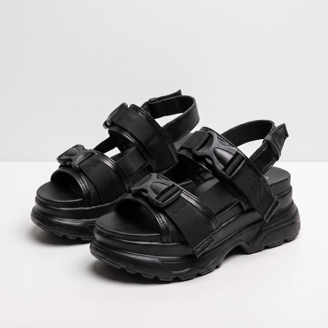 Stylish women's black chunky platform sandals with thick soles and secure buckle closures, great for street fashion.