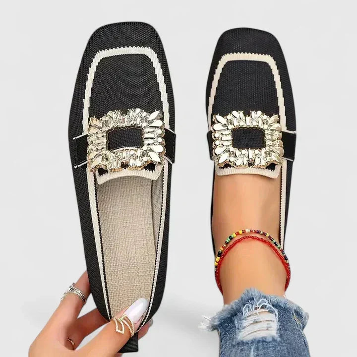 Elegant women's flat loafers with a sparkling crystal buckle & modern square toe. Comfortable dress shoes.