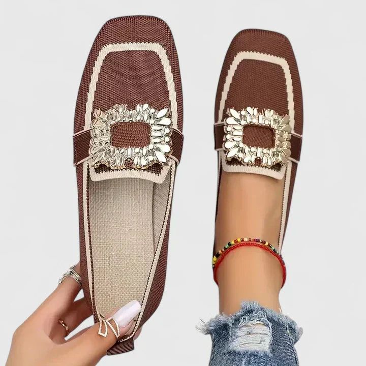Comfortable women's slip-on flat loafers with a chic square toe and dazzling crystal detail. Fashionable.
