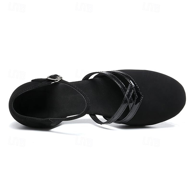 Stylish women's black dance shoes featuring a secure & adjustable ankle strap, ensuring comfort for ladies' versatile use.