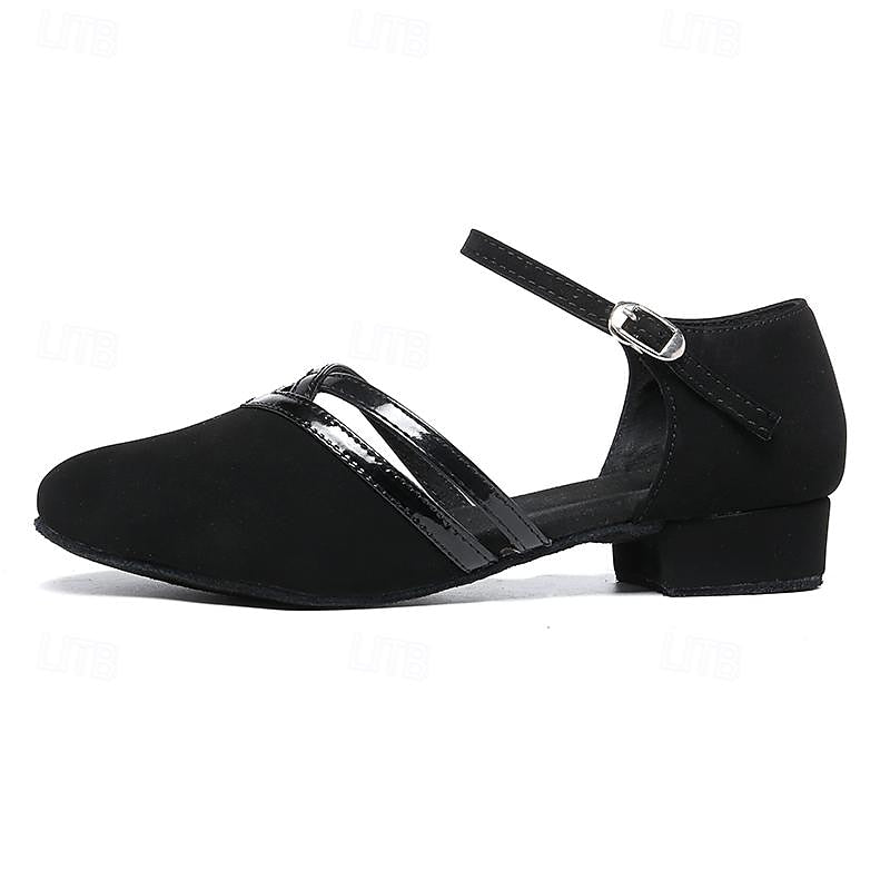 Comfortable women's ankle strap dance shoes in black, designed for secure fit and performance. Versatile ladies' footwear.