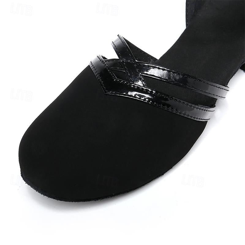 Black women's secure fit dance shoes with adjustable ankle strap, providing comfort & support for all dance styles.