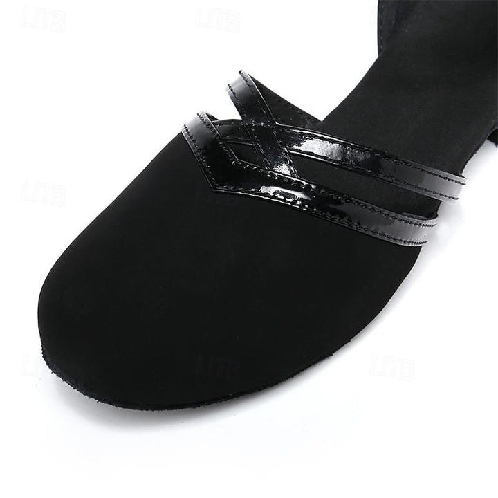 Black women's secure fit dance shoes with adjustable ankle strap, providing comfort & support for all dance styles.