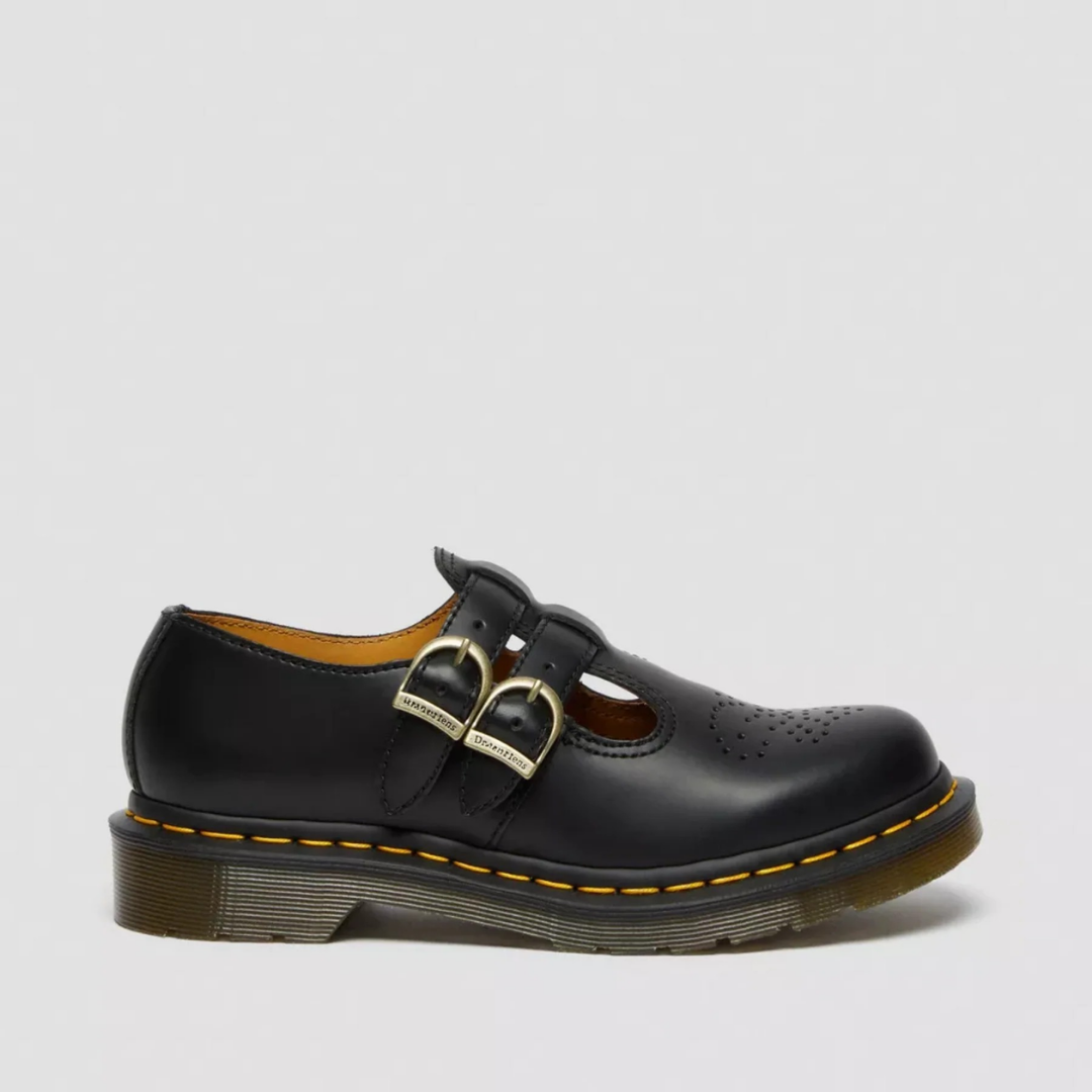 Close-up of black women's double buckle Mary Jane flats, highlighting edgy alternative style.