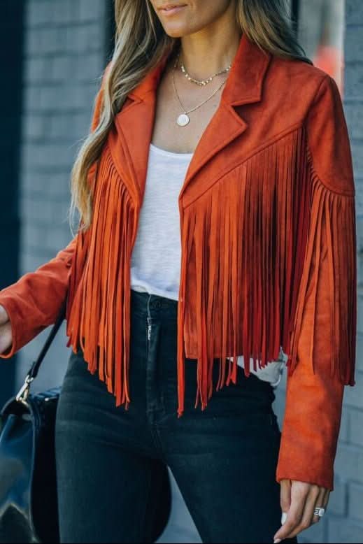 Women's black fringed moto jacket, a bold statement piece for edgy fashion & casual outfits.