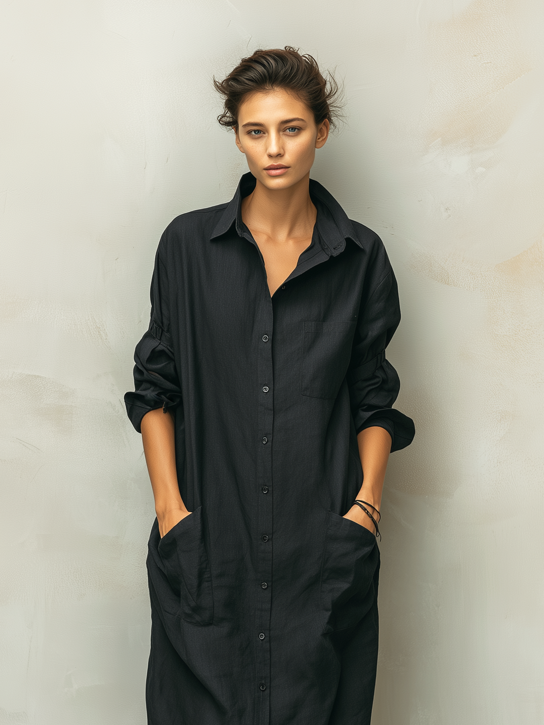 Casual women's midi dress with long sleeves & full button-down front. Ideal for spring & autumn outfits.