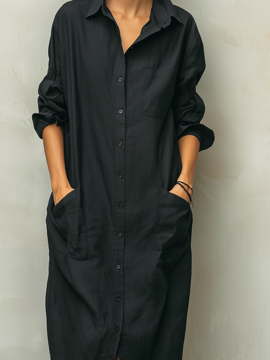 Comfortable women's long sleeve button-down midi shirt dress. Perfect versatile casual wear for various seasons.