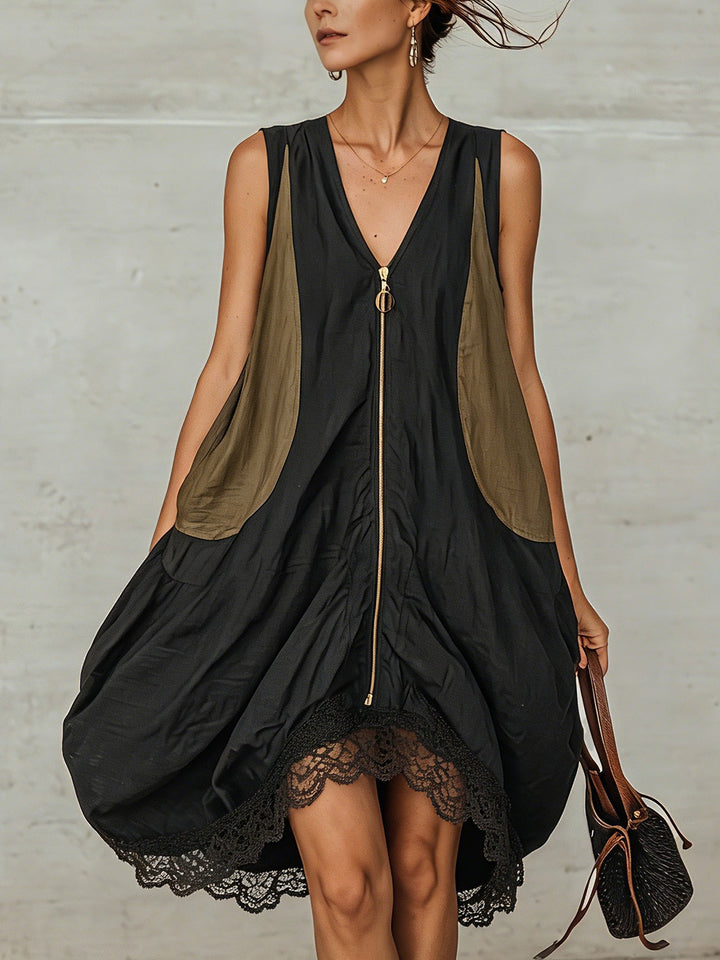 Women's black midi dress with V-neck, zip front, and delicate lace hem. Perfect for elegant spring/summer style.