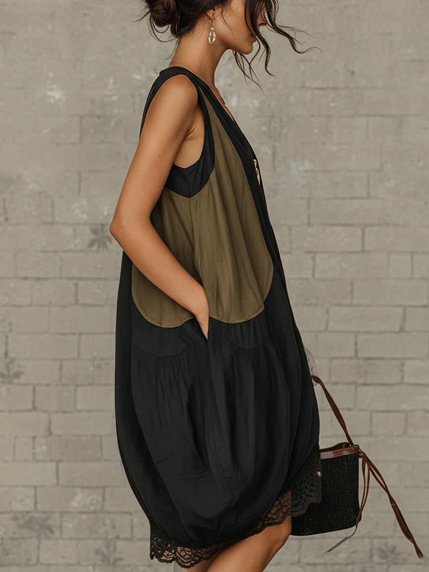 Sleeveless black V-neck midi dress for women featuring a zip front and chic lace hem. Relaxed fit for casual elegance.
