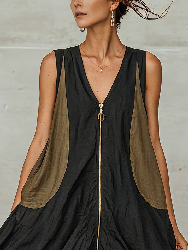 Modern women's black midi dress. V-neckline, full zip front, and sophisticated lace hem detail. Versatile for day or night.