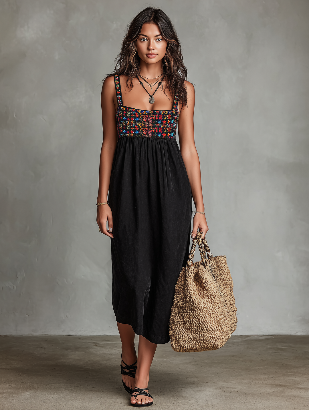 Black midi dress for women with stunning floral embroidery & square neckline. Sleeveless, versatile for casual, party or vacation.