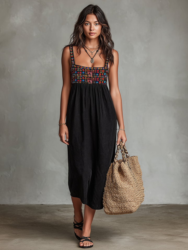Black midi dress for women with stunning floral embroidery & square neckline. Sleeveless, versatile for casual, party or vacation.