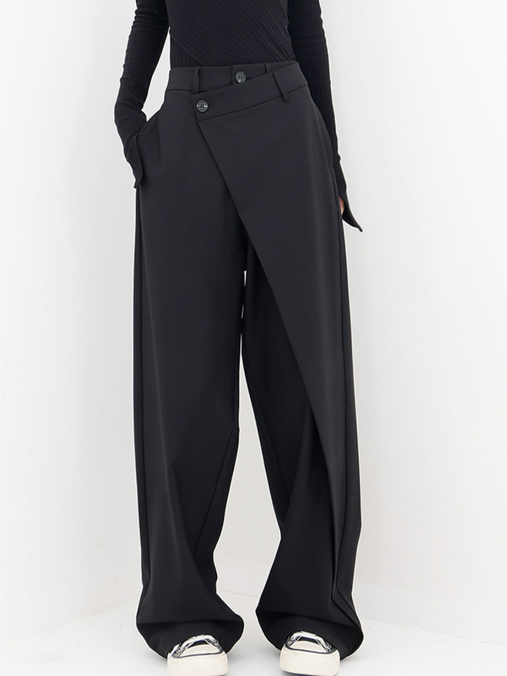 Women's black Monroe Baggy Trousers, asymmetric & relaxed fit, wide leg casual pants.