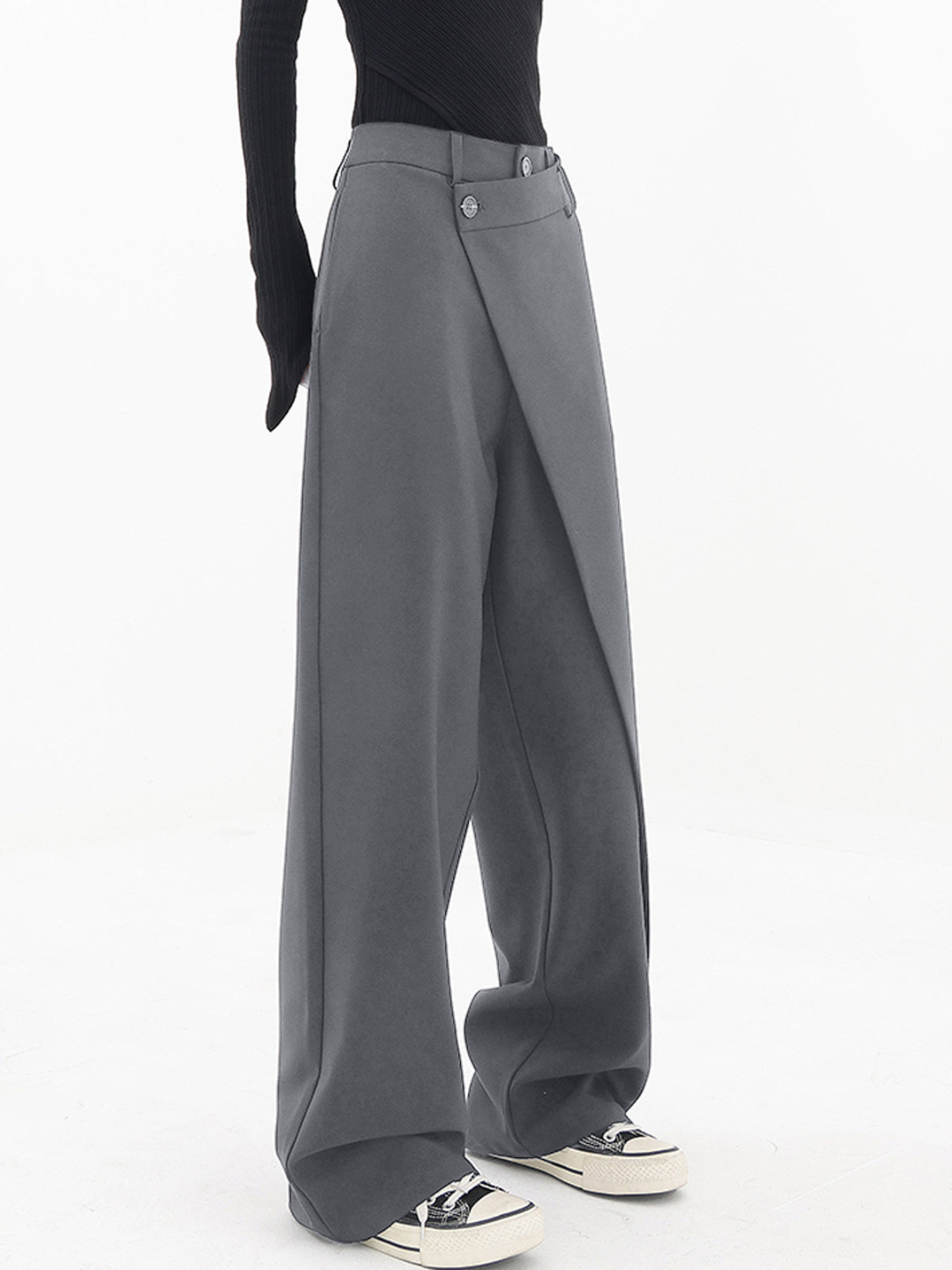 Women's Monroe Baggy Trousers: asymmetric waist, relaxed fit, wide leg, trendy black casual pants.