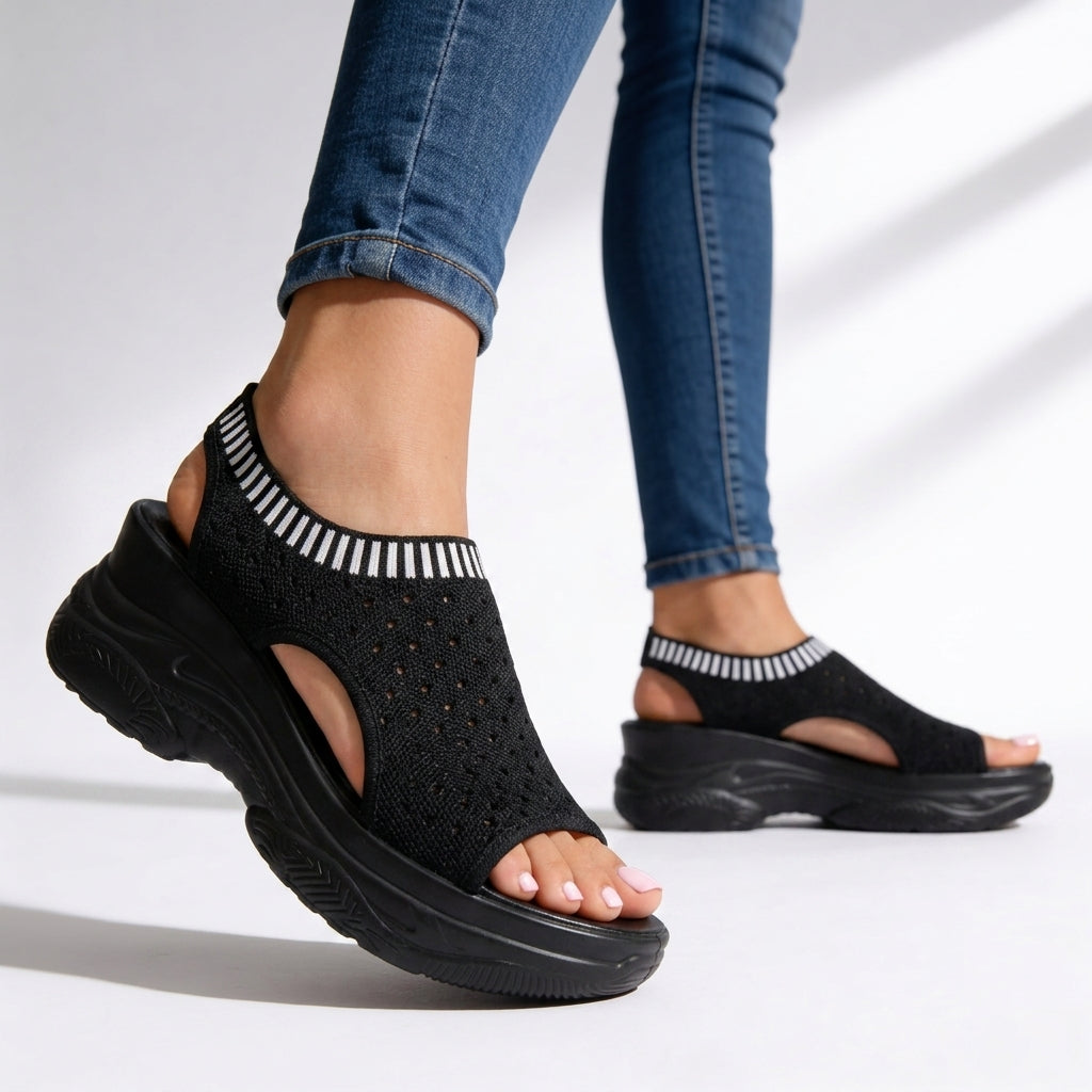 Women's black peep toe wedge platform comfort walking sandals, ideal for summer casual and everyday wear.
