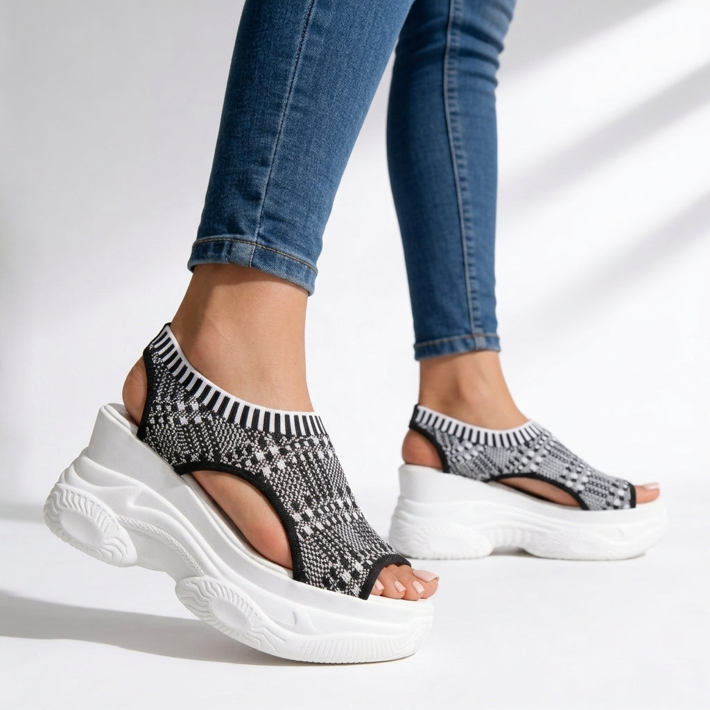 Stylish women's silver peep toe wedge platform slip-on sandals, perfect for fashion, comfort, and vacation.