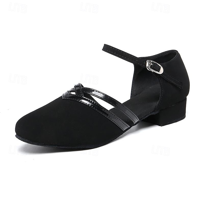 Black low heel women's dance shoes with ankle strap, ideal for Latin & ballroom performance.