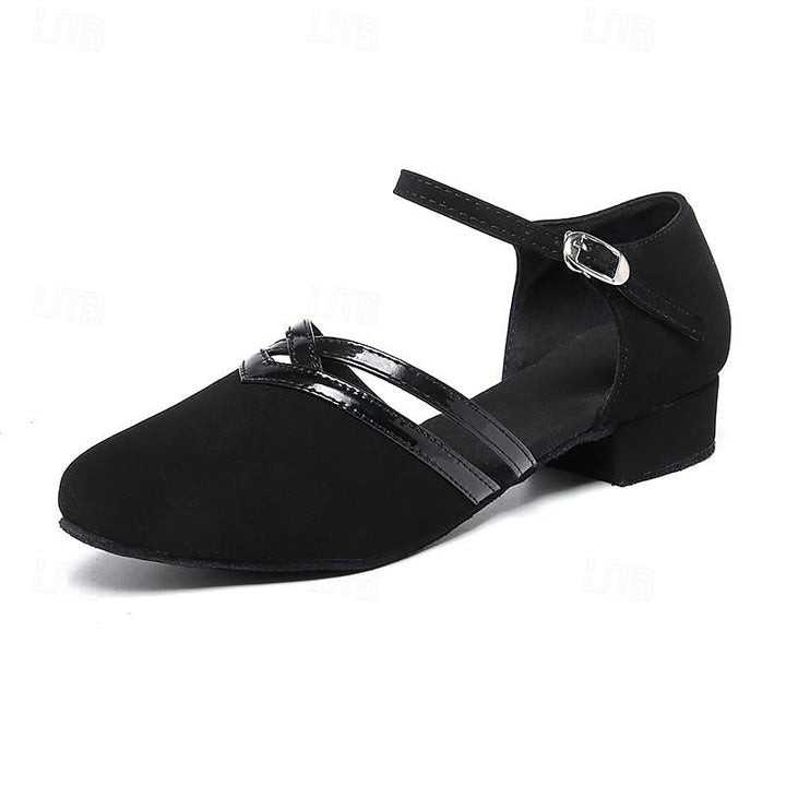 Black low heel women's dance shoes with ankle strap, ideal for Latin & ballroom performance.