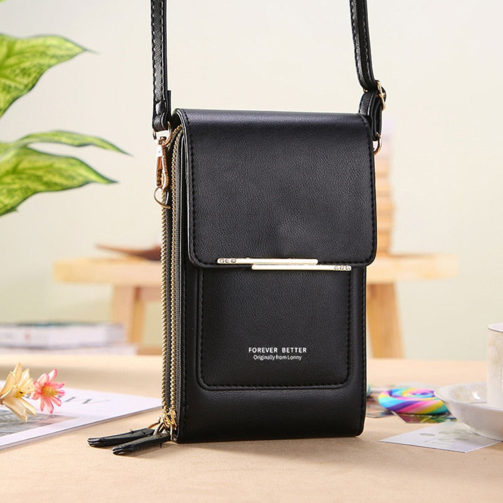 Elegant women's phone crossbody bag with clear touchscreen window, perfect for travel & daily use.
