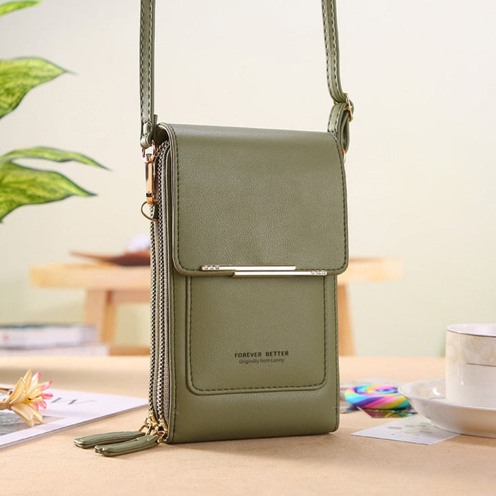 Fashionable women's phone bag, a compact shoulder purse with a convenient touchscreen window for accessibility.