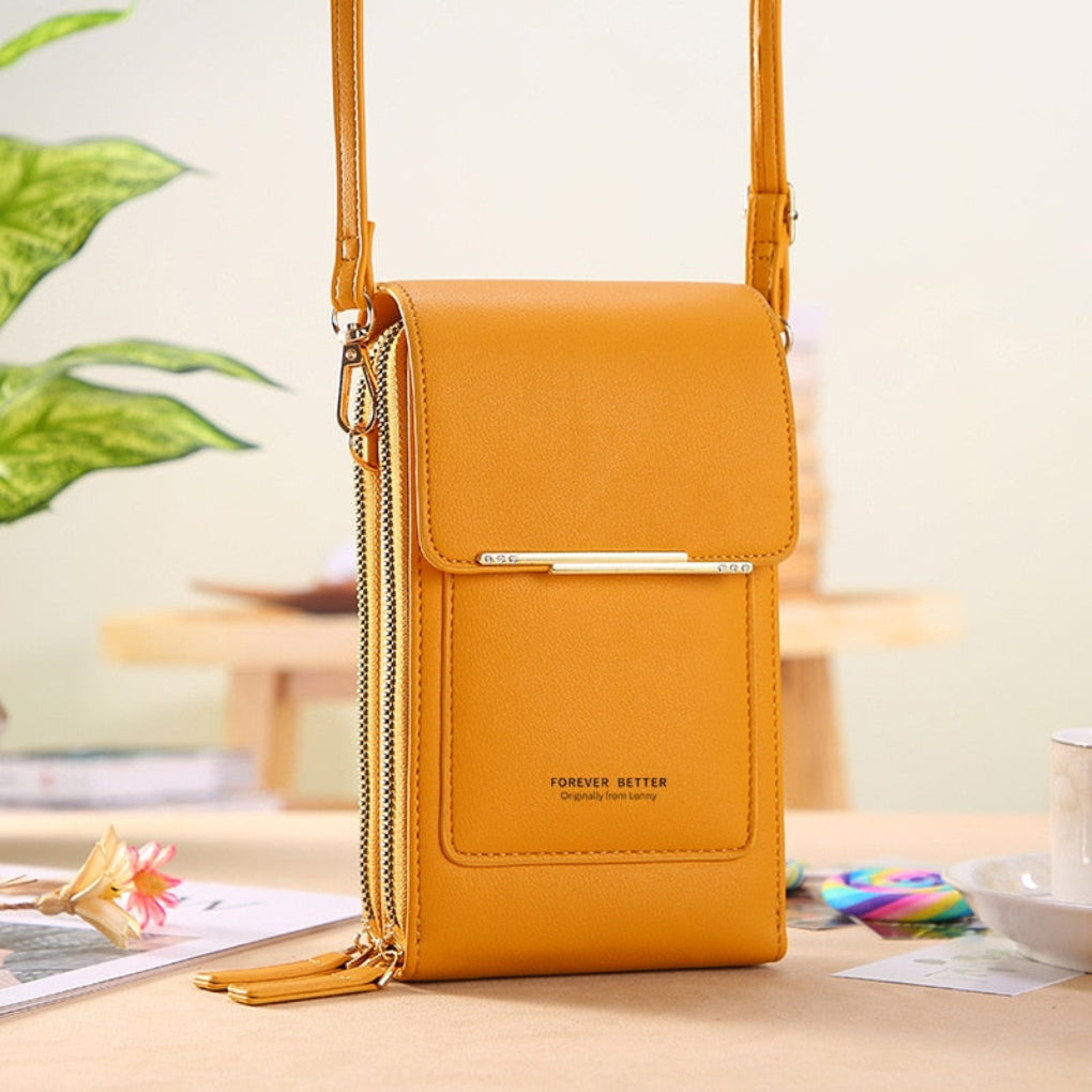 Slim women's phone bag, an elegant accessory and small crossbody purse with a functional touchscreen panel.
