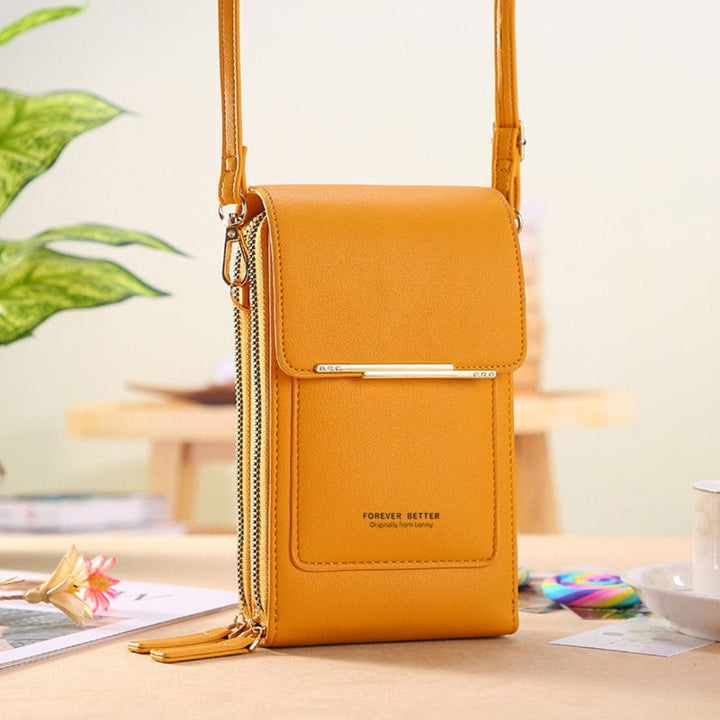 Slim women's phone bag, an elegant accessory and small crossbody purse with a functional touchscreen panel.