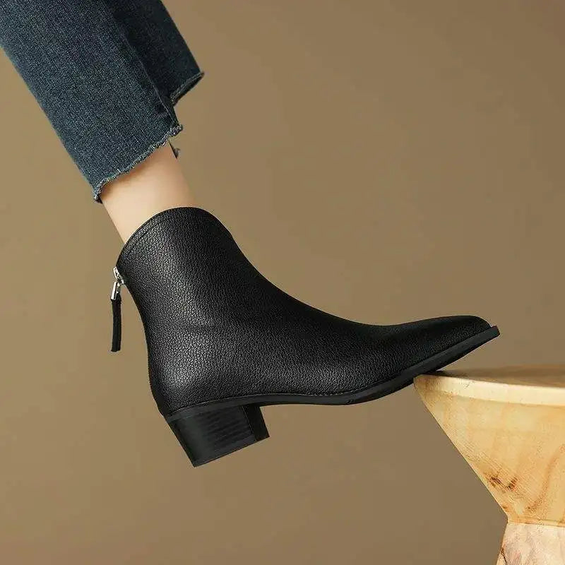 Versatile women's pointed toe ankle boots, low heel, slip-on design for office, work & casual wear.