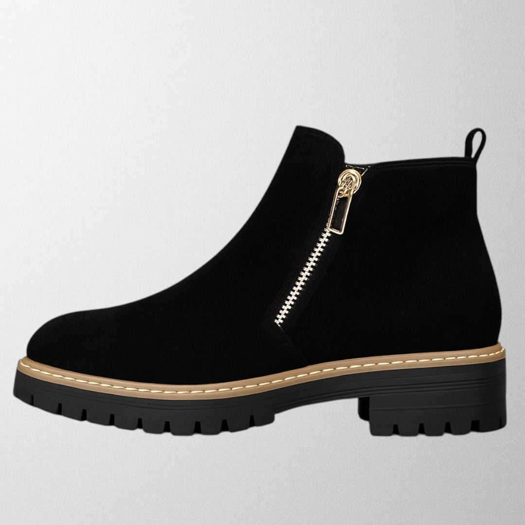 Women's black round toe shoes with side zip for easy wear. Comfortable & versatile for office or casual.