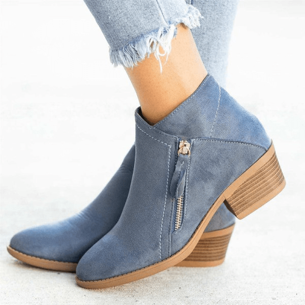 Women's black side zip block heel ankle boots. Stylish, comfortable fall & winter casual footwear with pointed toe.