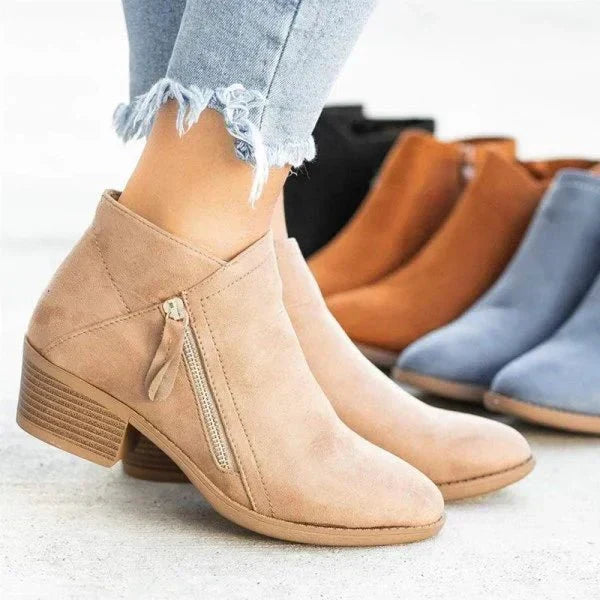 Versatile women's block heel ankle boots with side zip. Perfect for casual fall outfits & comfortable winter fashion.