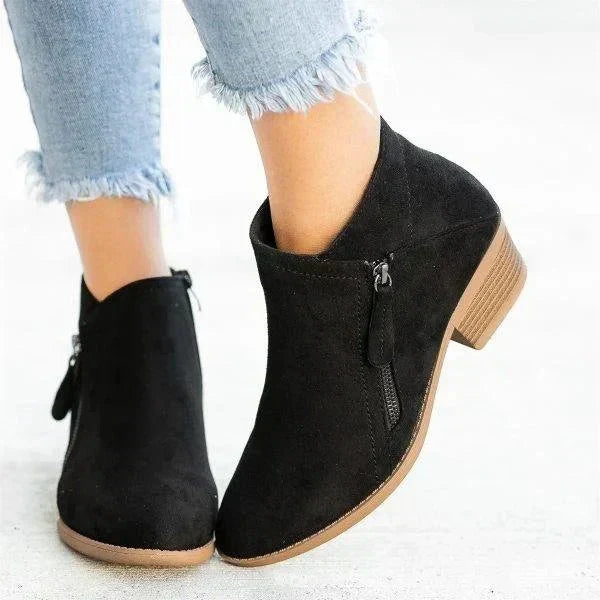 Fashionable women's block heel ankle boots. Versatile side zip design for stylish casual or semi-formal outfits.