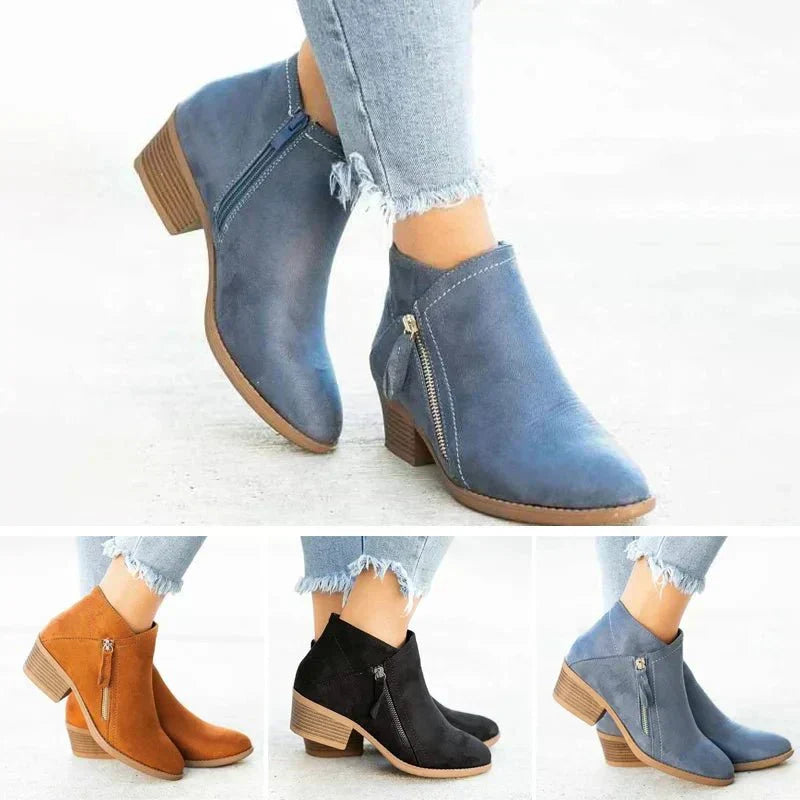 Women's Side Zip Block Heel Ankle Boot. Pointed toe, comfortable fall & winter casual shoe. Versatile footwear.