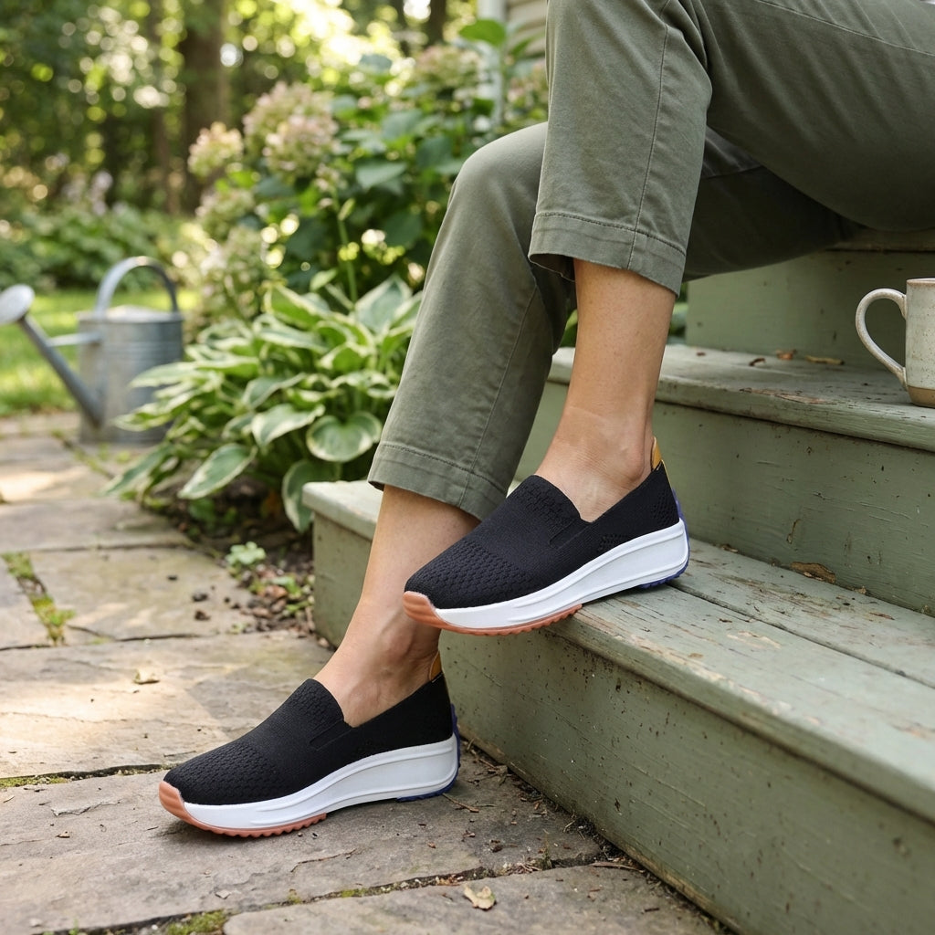 Stylish women's slip-on platform athleisure sneakers in white, offering orthopedic comfort for daily wear.
